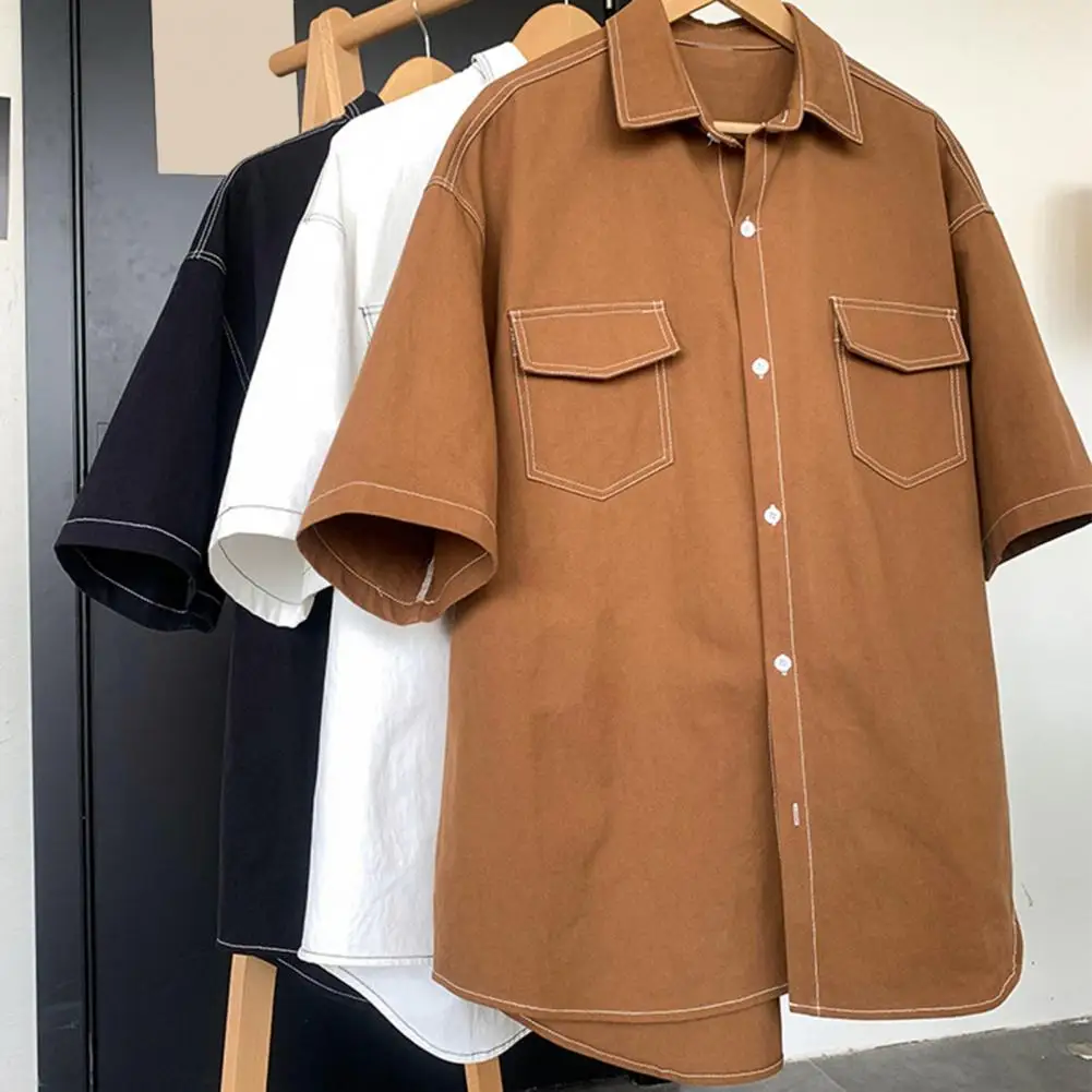 

Fall Spring Men Shirt Loose Fit Japanese Style Lapel Half Sleeve Personalized Short Sleeved Summer Shirt work attire top