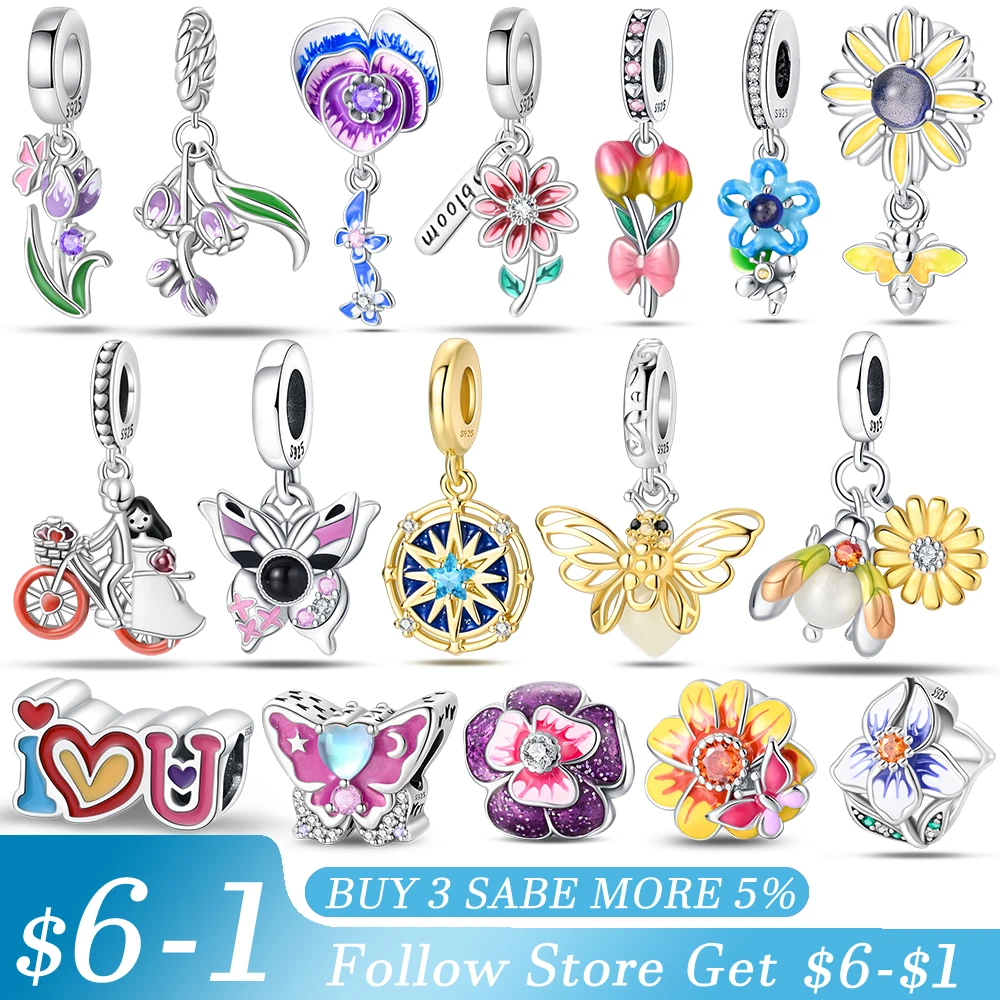 

Silver 925 Spring Bestsellers Flower Butterfly Fireflies Charms For Pandora Bracelets Gifts For Original Women Jewels