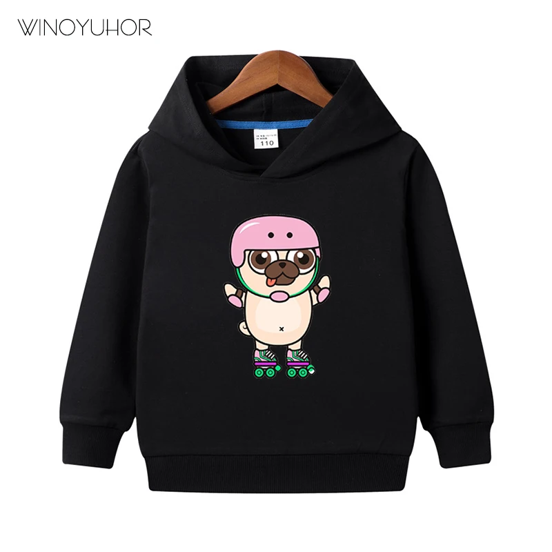 

Kawaii Kids Clothes Pug Dog Roller Skating Animal Print Hoodie Girls Harajuku Funny Sweatshirt Children Pullovers Clothing
