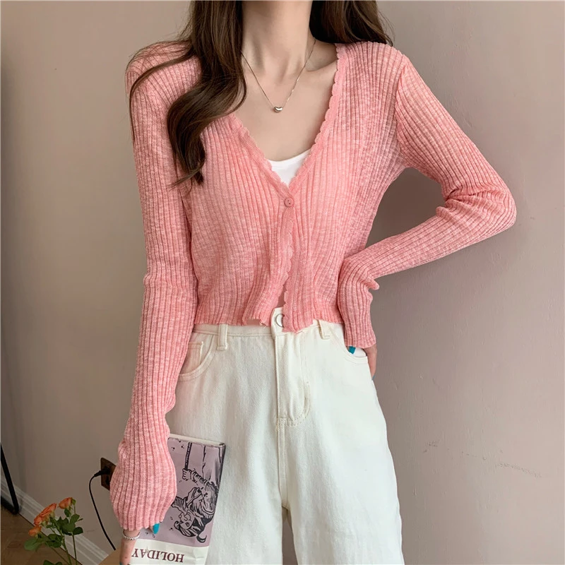 Sheer Ribbed Knit Cardigan with One Button Long Sleeve Crop Top Women Teen-girl Spring Summer 2026 Shrunken Cardigan 4