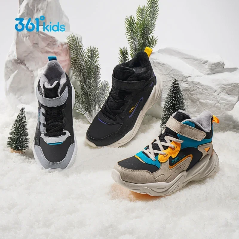

361 Degrees Running Shoes Kids Boys Leather Upper with Plush Insulation Winter New Middle and Large Children's Cotton Shoes