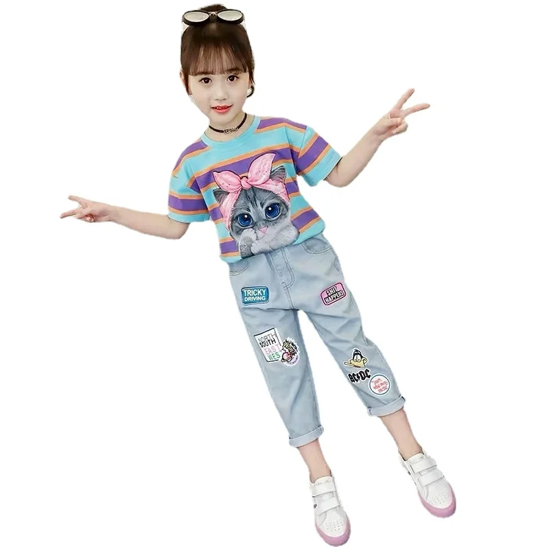 

Girls' Summer Suit New Little Baby Sets Children's Middle and Large Clothes Sets Short T Shirt +pant 2pc Sets 4-12 Ages