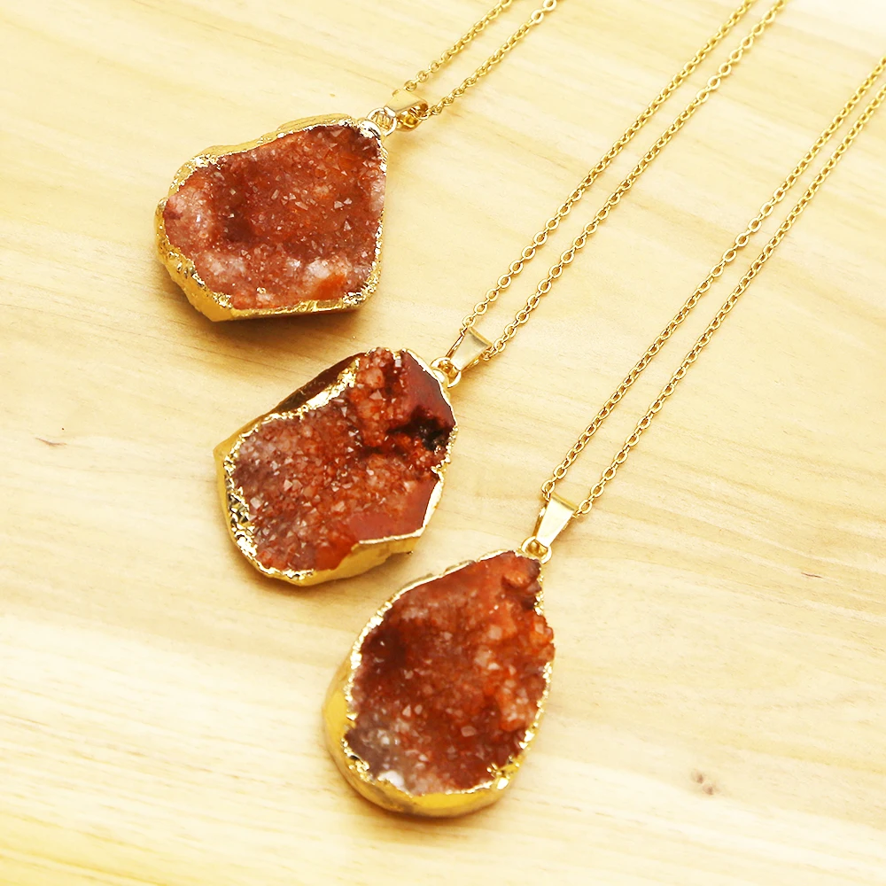 

Natural Agate Orange Gold Plated Irregular Pendant Creative Stainless Steel Chain Necklace DIY Charm Banquet Wedding Jewelry 3Pc