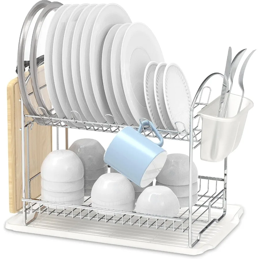 2Tier Stainless Steel Dish Rack with Drainboard Chrome for Kitchen