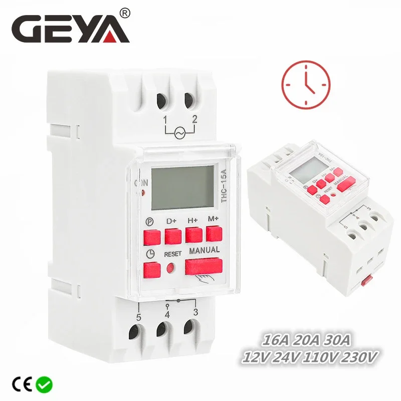 GEYA THC 15A 20A 30A Time Switch Weekly Programmable DIN Rail LCD Digital Timer Switch ACDC 12V 24V 110V 220V 240V