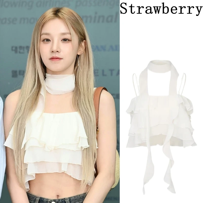 

Song Yuqi's Same apricot Colored Ruffled Chiffon Shirt Top, Backless Hanging Neck, Sweet and Spicy Girl Short Suspender Vest