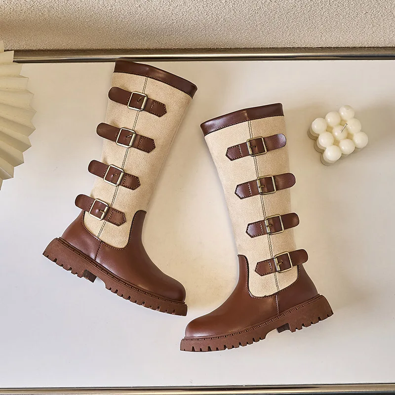 Kids'Boots 솔리드 컬러 PU 가죽 패션 가을 무릎 높이 부츠 소녀용 미끄럼 방지 통기성 블랙 브라운 신발 사이즈 27-37