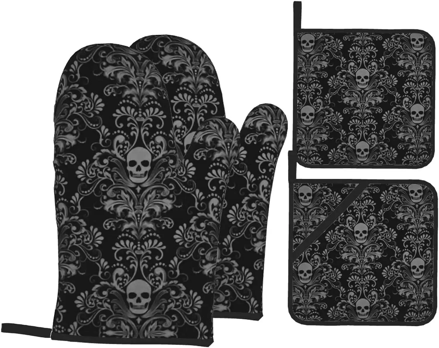 

Black Skull Oven Mitts and Pot Holders Sets Pot Holders for Kitchen BBQ Baking Indoor-Outdoor Gloves Kitchen Towel Set Kitchen