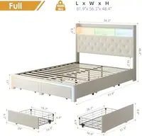 Full LED Bed Frame with Storage Headboard & Charging Station, Velvet Fabric Platform Bed Frames with 4 Drawers,Beige 3
