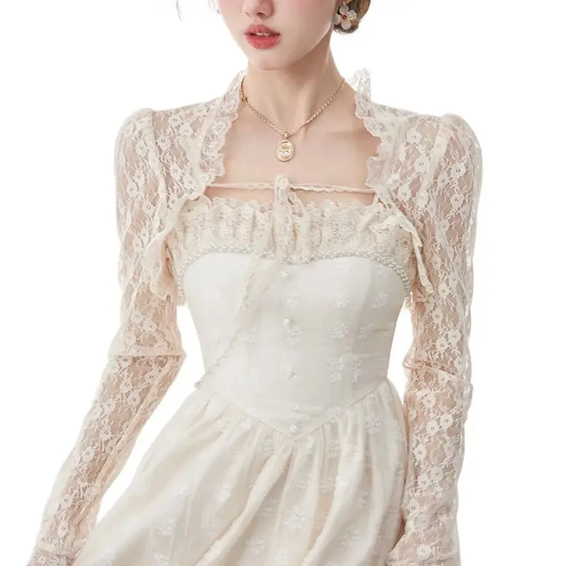 

Women Long Sleeves Wedding Jacket Cape Elegant Floral Lace Trim Wrap Shrug Bolero Evening Bridal Capelet Cardigan Summer Outwear