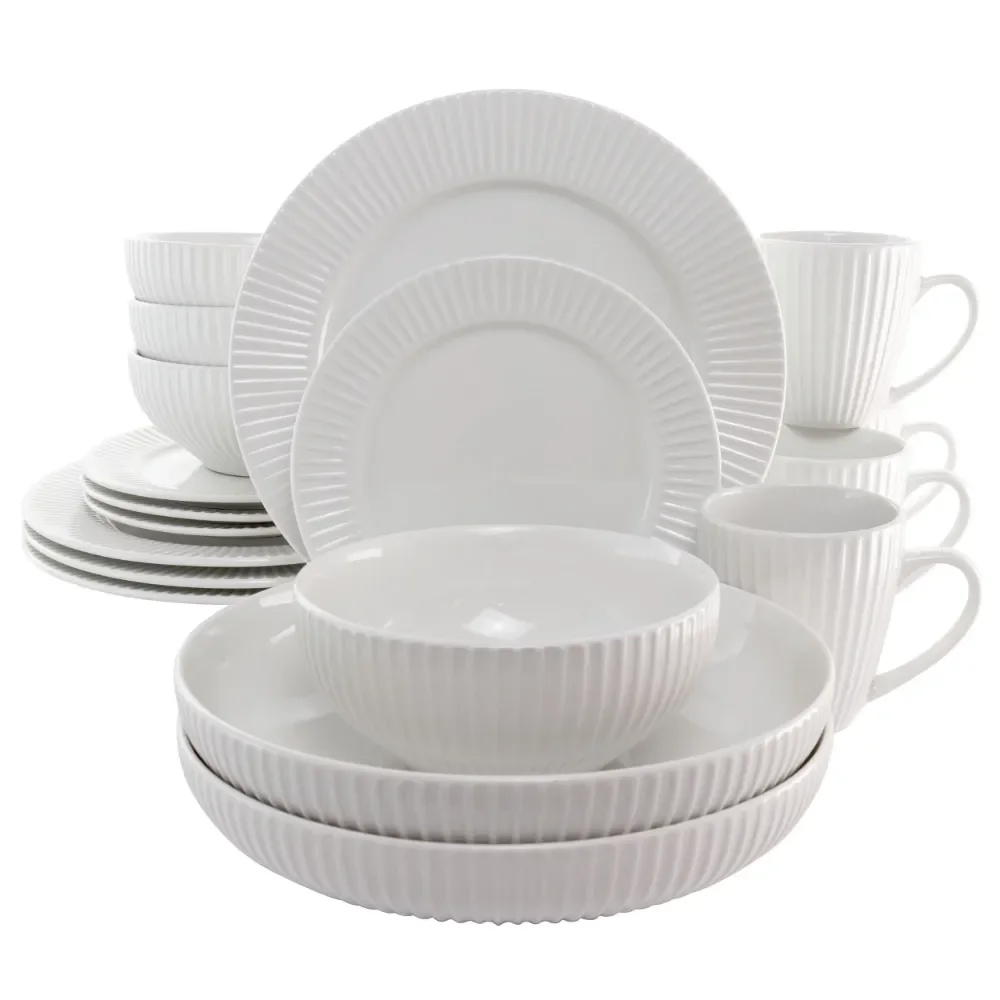 

18 Piece Porcelain Dinnerware Set with 2 Large Serving Bowls in White dinner plates