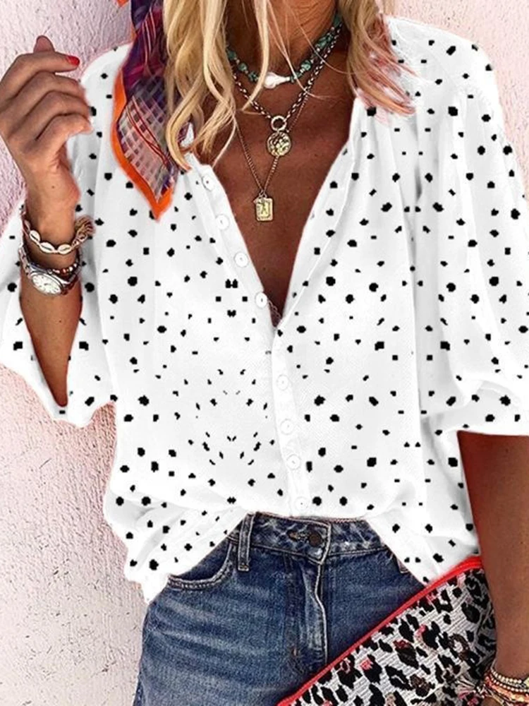

Long Sleeve Cotton Blouses Shirts Women Dot Print Loose Oversized Casual Tops Vintage Streetwear Tunic Tees Blusas Mujer