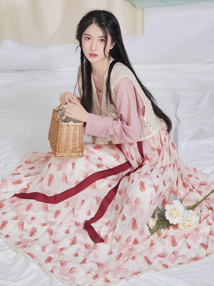 

ZhiZaoSi ShuMei Summer Tang Dynasty Hanfu Dress Set Improved Lace Tang BeiZi Traditional Chinese Round Collar Top Waist Skirt