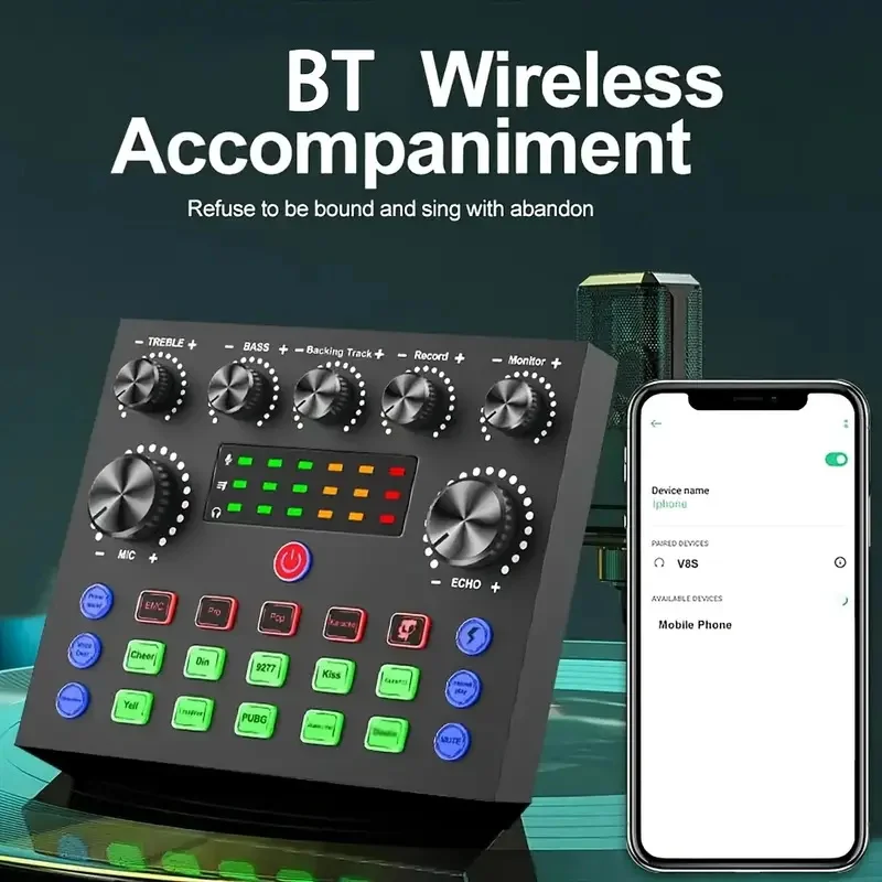 XIAOKOA V8S Sound Card Professional Bluetooth-Compatible Studio Record Premium Mic Preamp Sound Card Live Music Mixer