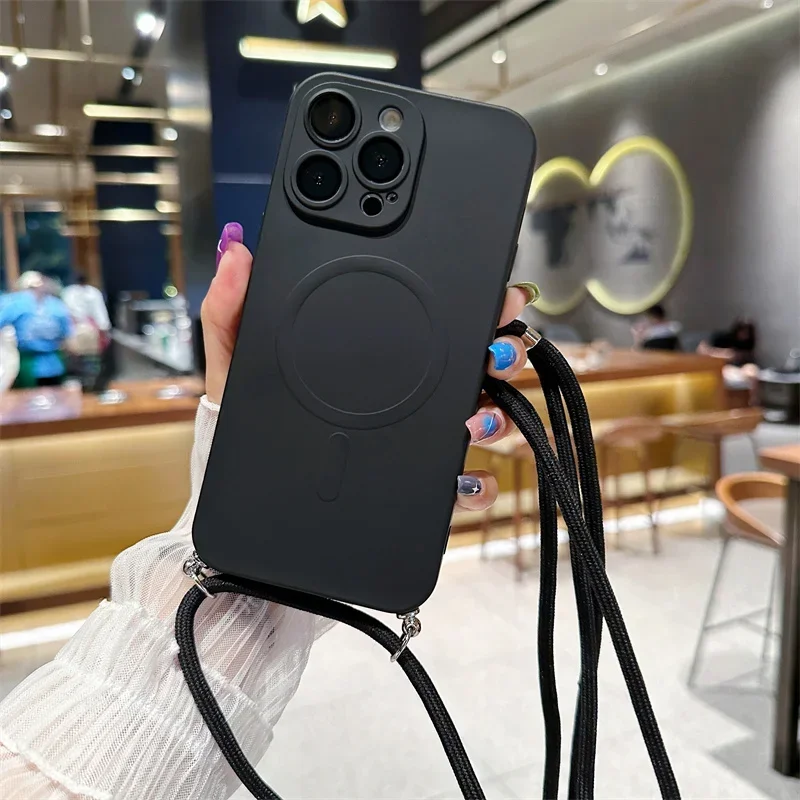 Magnetic Liquid Silicone Crossbody Lanyard Case with Soft Back Cover