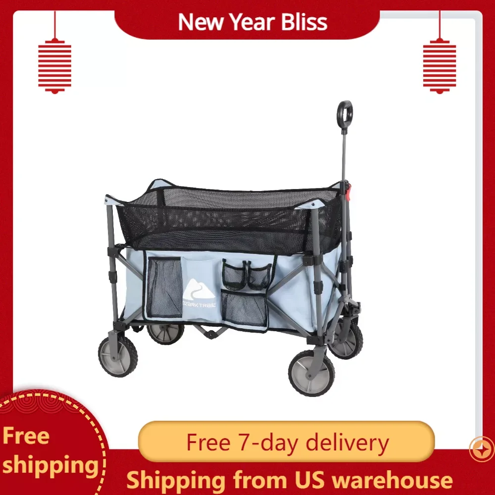 

Adult Height Adjustable Quad Fold Camping Cart Wagon Blue Market Cart With Wheels Handcart Trolley Carts Folding Hand Table Home