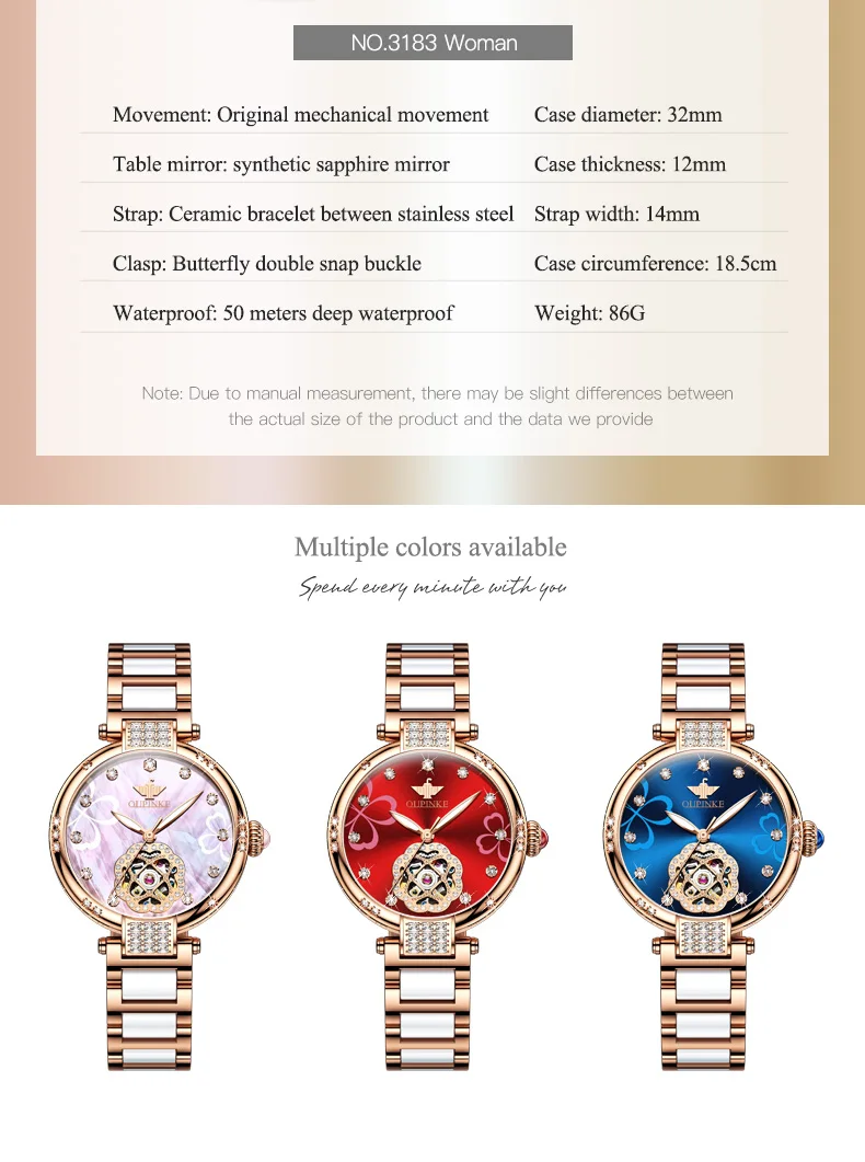 OUPINKE 3183 TOP Brand Women Watch Automatic Mechanical Elegant Ceramic Strap Diamond Waterproof Gift Box Watches for Women 5