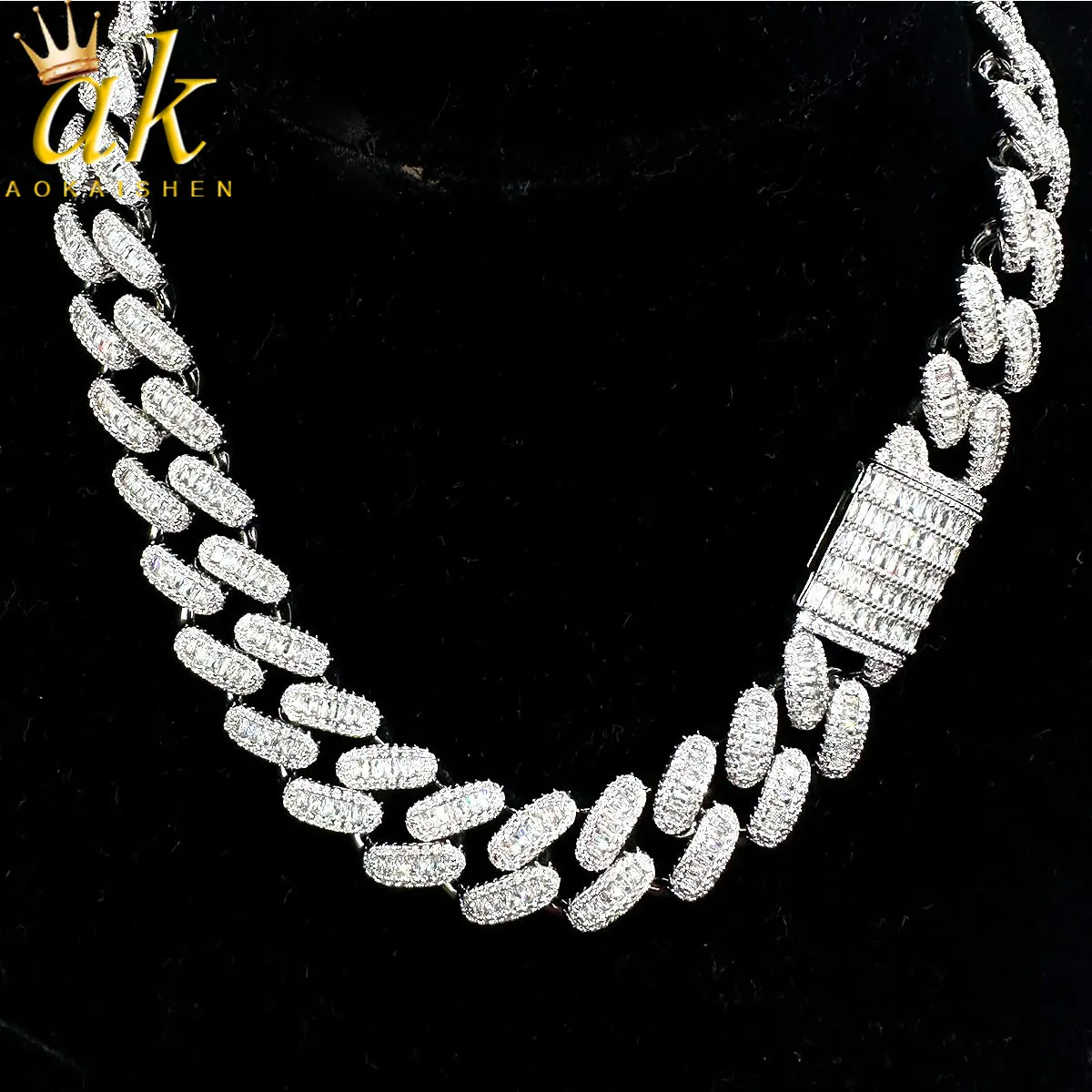 

Iced Out 15mm Miami Cuban Link Chain for Men Micro Pave Prong Setting Baguette Choker Necklace Hip Hop Jewelry