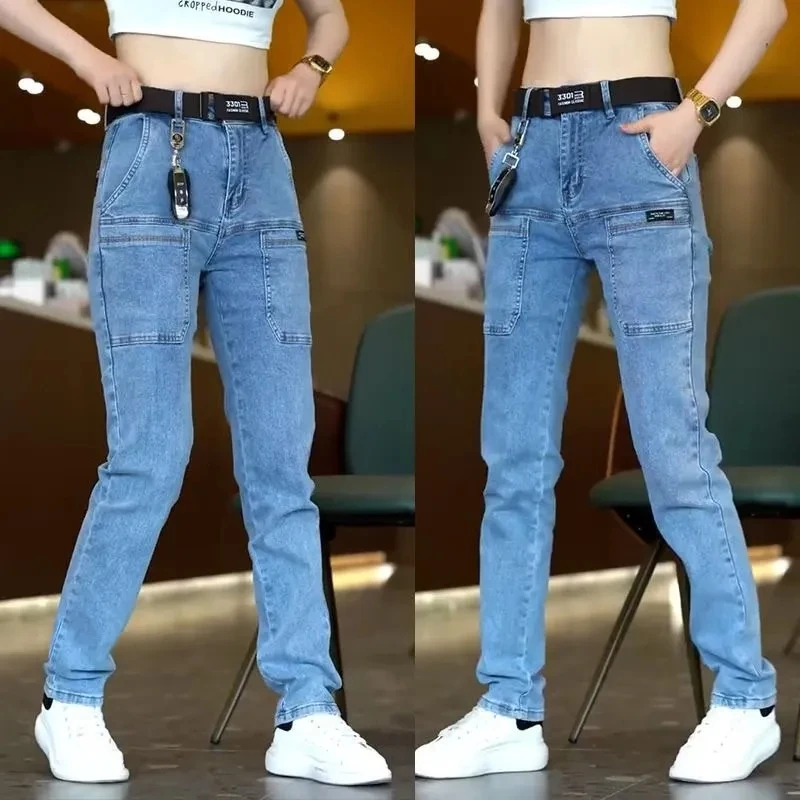 2024 New Korean Men Skinny Jeans Y2k Vintage Blue Cargo Denim Pants Pockets Man Casual Streetwear Jeans Trousers Clothing