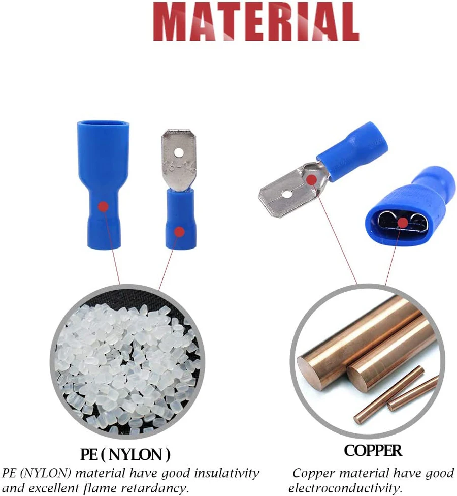 100Pcs 6.3mm Blue Insulated Spade Terminals – Male & Female Crimp Connectors for 14-16 AWG Wire, Electrical Wiring Kit