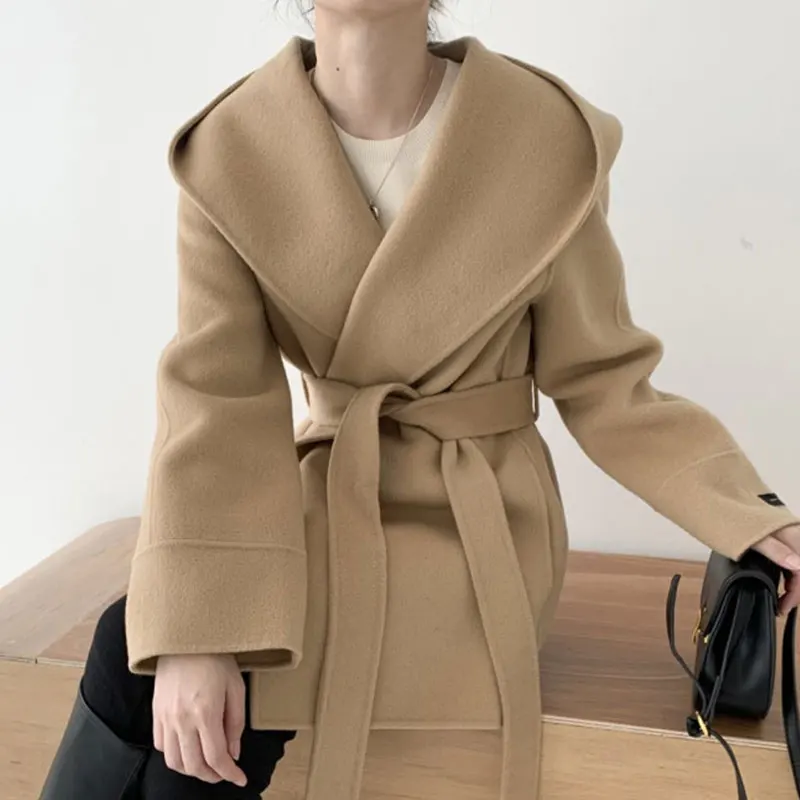 

Solid Color Long Sleeved Hooded Woolen Jacket Korean Chic Autumn Fashion Pocket Design Lace Up All-Matched Warm Outwear