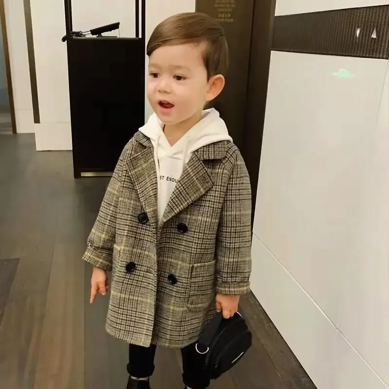 

Spring Autumn 2023 Boys Jackets Child Girl Woolen Double-breasted Baby Trench Coat Lapel Kids Outerwear Winter Wool Overcoat