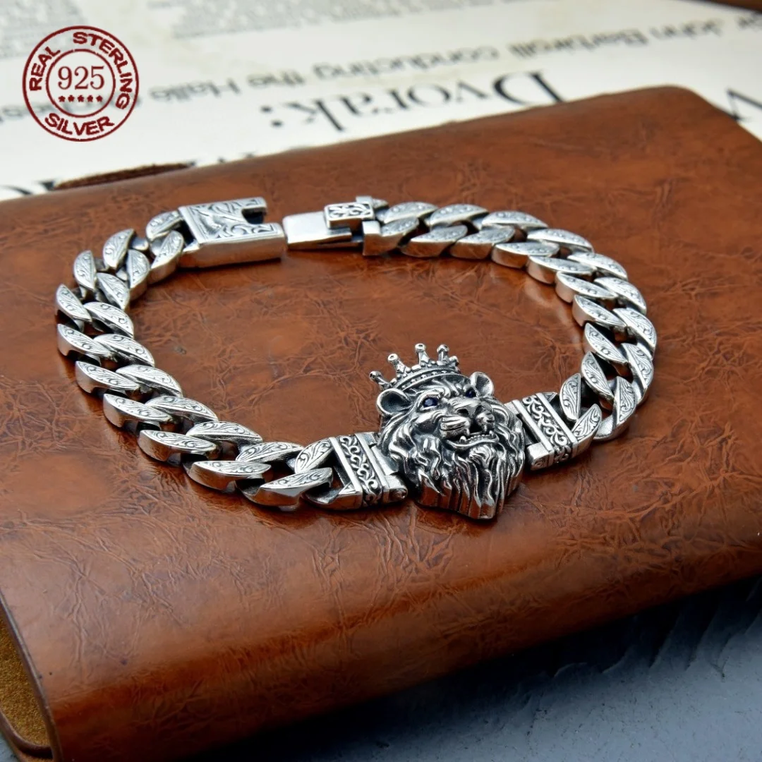 S925 Sterling Silver Tiger Head Men's Bracelet Aggressive Retro Swivel Tiger Cuban Chain Personalized Fashion Hand Jewelry