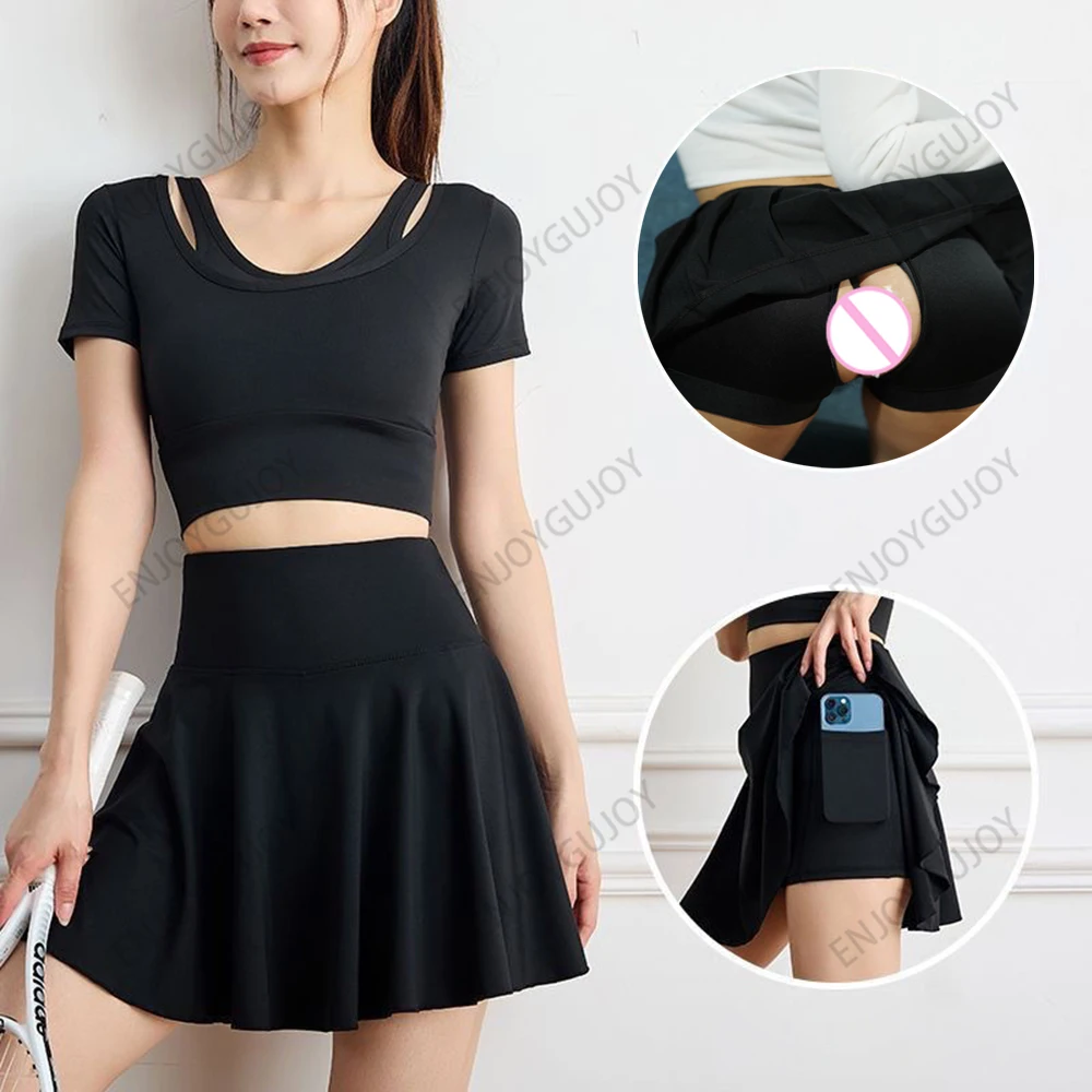 

Pleated Pleated Yoga Skirt Invisible Open Crotch Outdoor Sex False Two Pieces Sports Short Skirt Ms Quick Drying Running Fitness