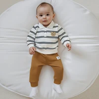 Toddler Autumn Clothes Baby Boy Fall Outfit Striped Bear Collared Long Sleeve Sweatshirt and Elastic Waist Joggers Set