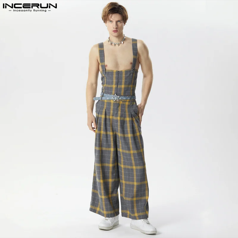 

INCERUN 2024 American Style Handsome Mens Sets Plaid Square Neck Vests Wide Leg Long Pants Casual Streetwear Suit 2 Pieces S-5XL