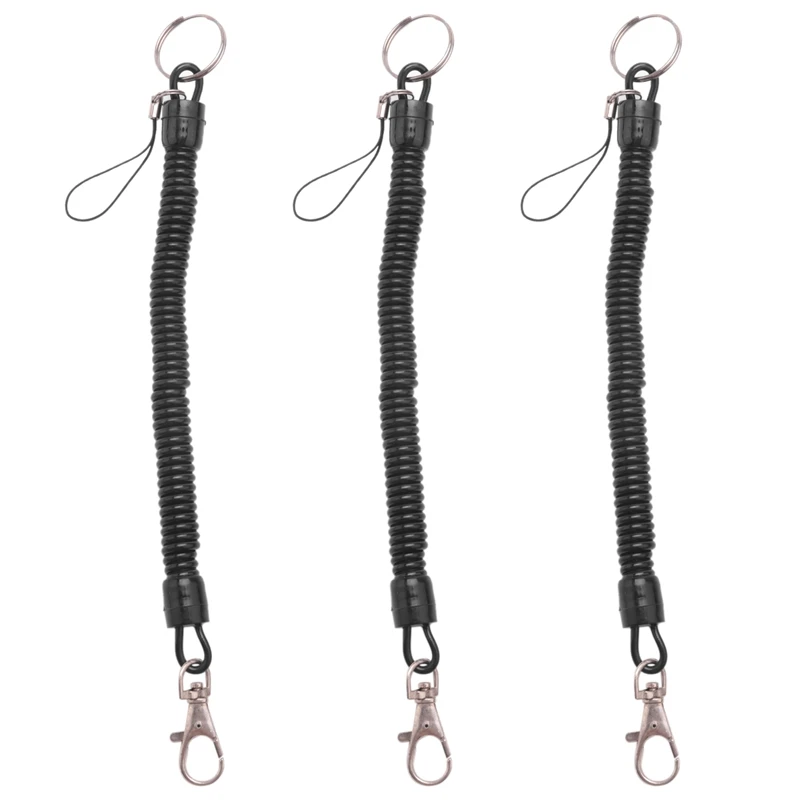 

3X Lobster Clasp Black Spring Stretchy Coil Cord Strap Keychain Key Chain Rope