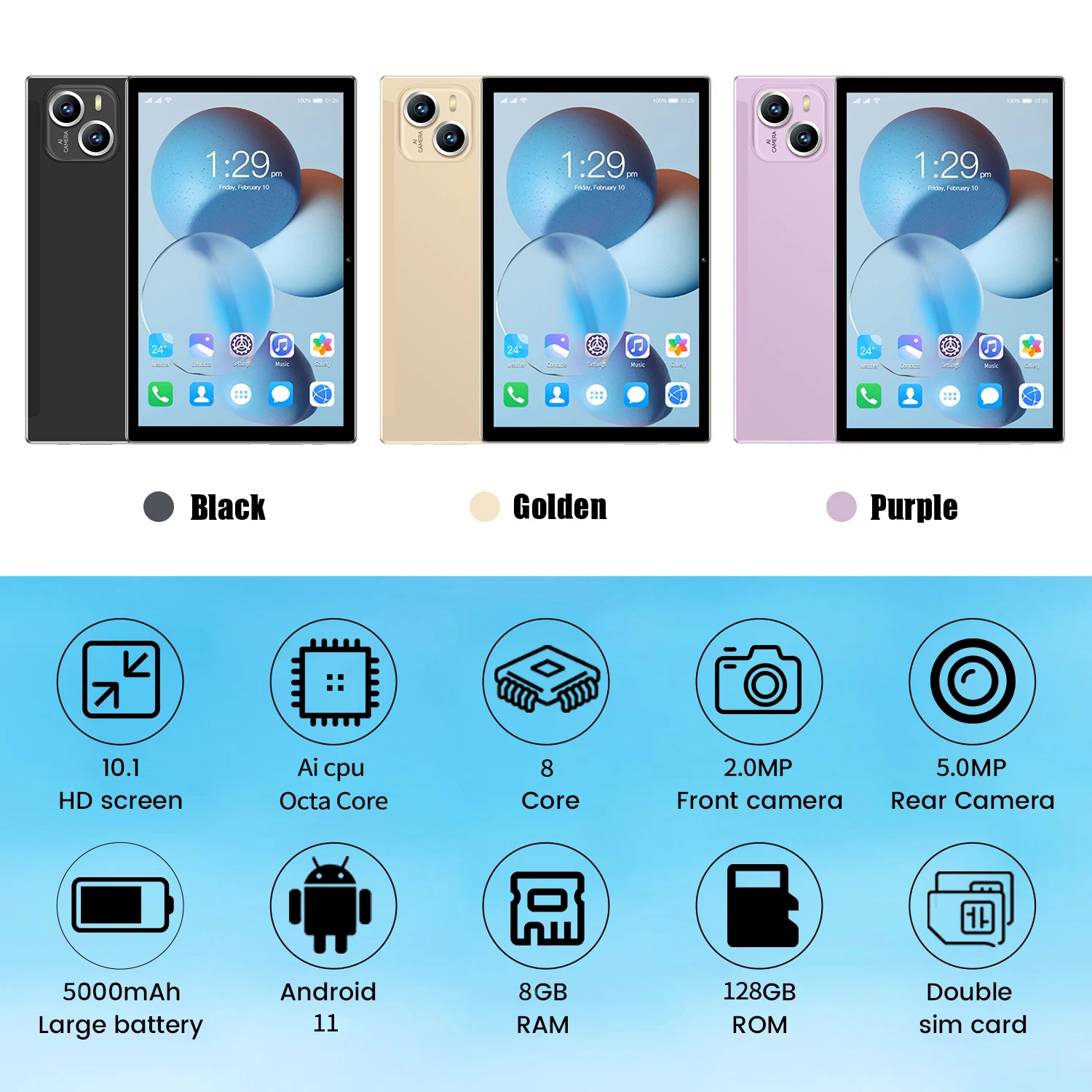BDF 10.1 인치 태블릿, 안드로이드 11, 8GB(4 + 4 확장) RAM, 128GB ROM,1TB 확장, 1280x800 IPS 스크린, 5000MAH 배터리, GMS 3G 네트워크, WiFi