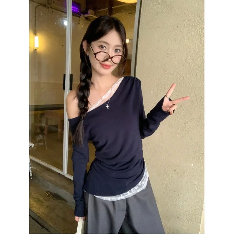 Lace Patchwork Long Sleeve Slim Fit T Shirt for Women