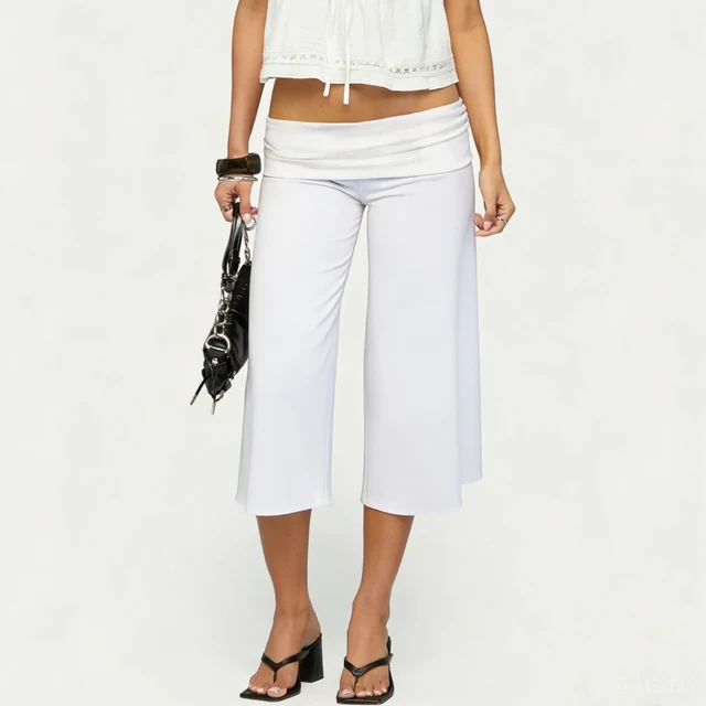 Capri Pants for Women Low Rise Fold Over Capri Yoga Pant Soft Comfy Flowy Wide Leg Capris Culottes Bottoms 4