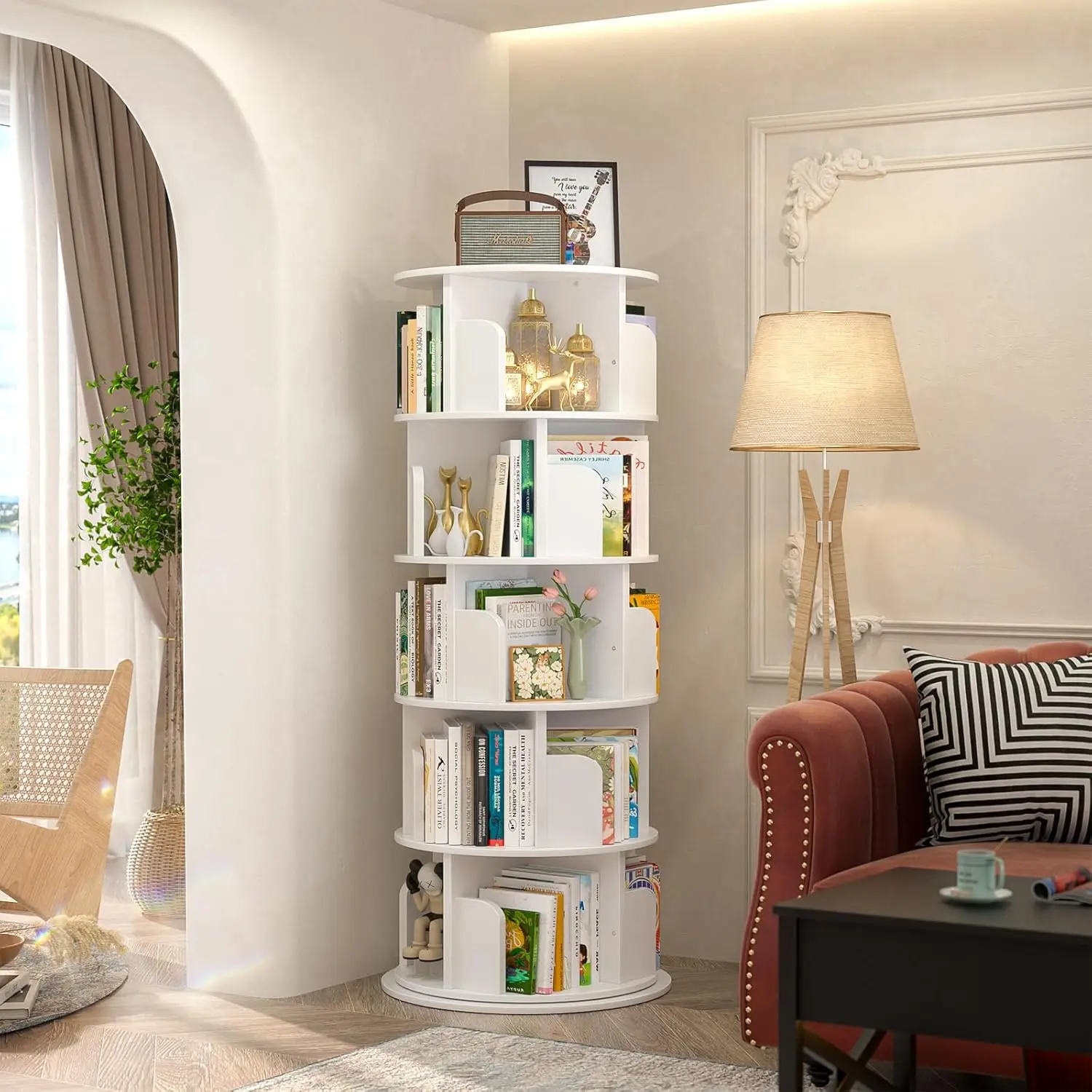 Rotating bookshelf, 360 display wooden rotating bookshelf tower, 5 floor standing bookshelf storage shelf, bedroom, study