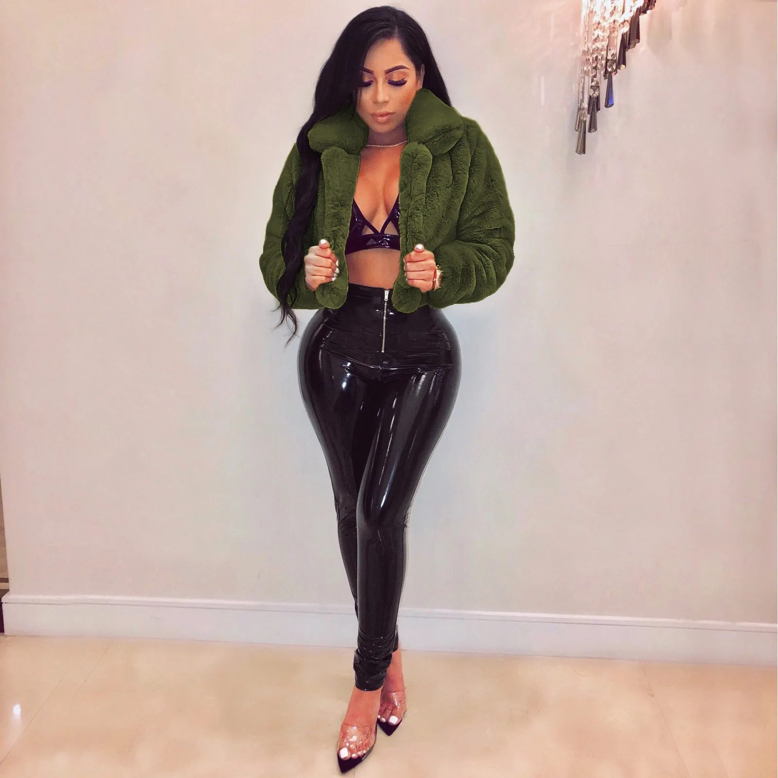 2023 New Green Short Faux Fur Coats Korean Casual Plush Coat Women Stand Collar Overcoats Winter Chic Thicken Warm Furry Jackets