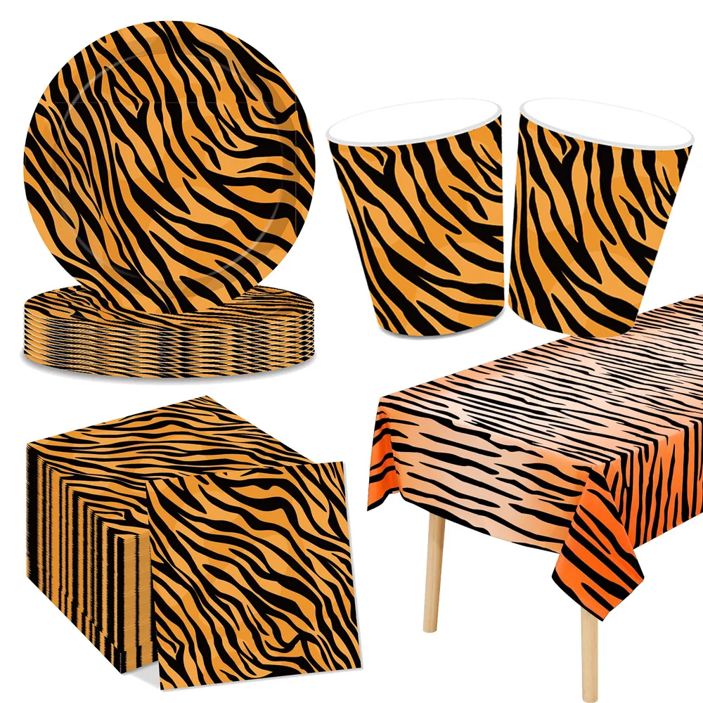 

Woodland Animals Theme Disposable Tableware Tiger Print Plates Cups Napkin Tablecloth Jungle Safari Birthday Party Decorations