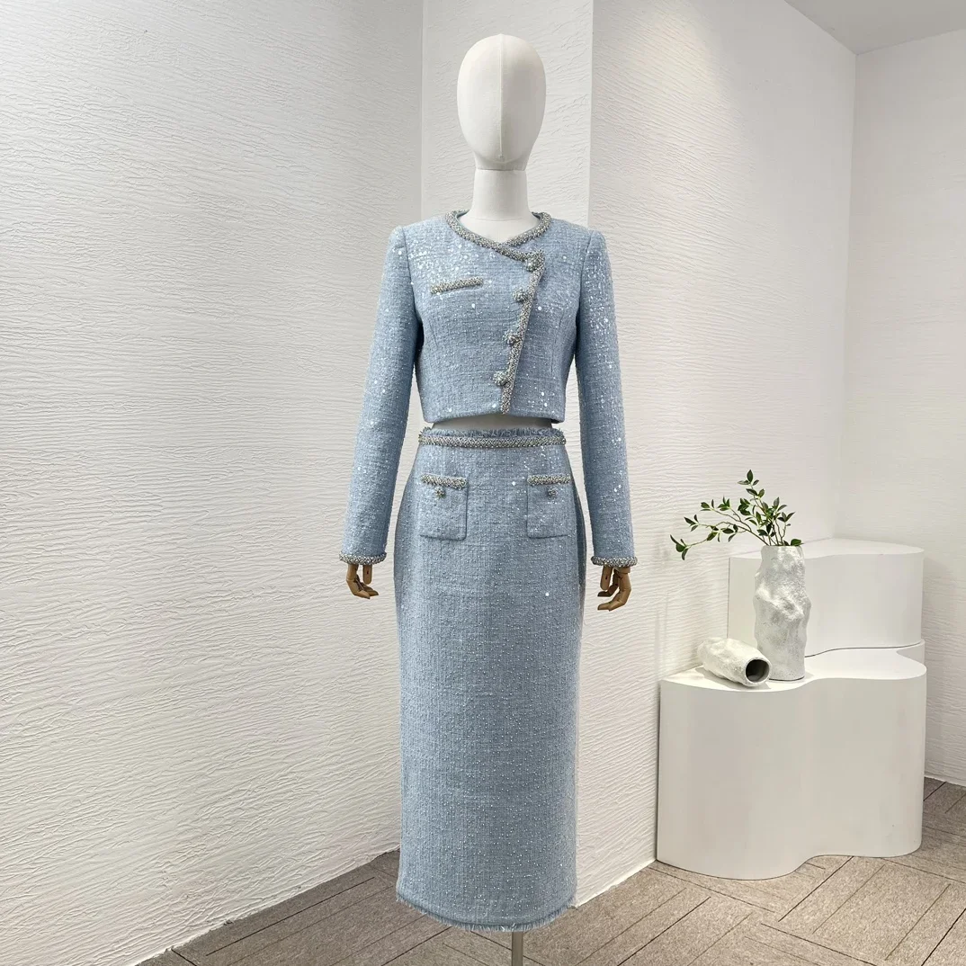 

Spring 2024 Blue Shining Diamonds Beading Sequined Embroidery Long Sleeve Jacket and Midi Skirt Women Set