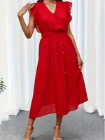 Plus Size Women's Retro Elegant Red Ruffle Sleeve V-Neck Midi Dress Shimmer Fit & Flare Evening Cocktail Dress (0XL-4XL)