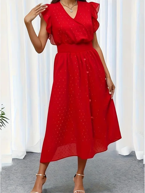 Plus Size Women's Retro Elegant Red Ruffle Sleeve V-Neck Midi Dress Shimmer Fit & Flare Evening Cocktail Dress (0XL-4XL)