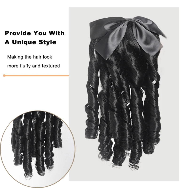 LUPU Princess Roman Style Curly Ponytail, Black Bow Retro Wig Extension Easy to Stretch Comb Style Wig Suitable for Women