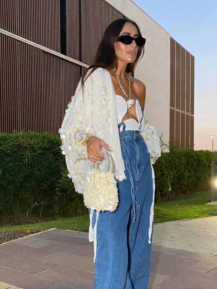 Women Chic Sparkling Beaded Short Loose Jacket Elegant V Neck Long Sleeve Lace Up Cardigan 2024 Autumn Female Fashion Streetwear 3