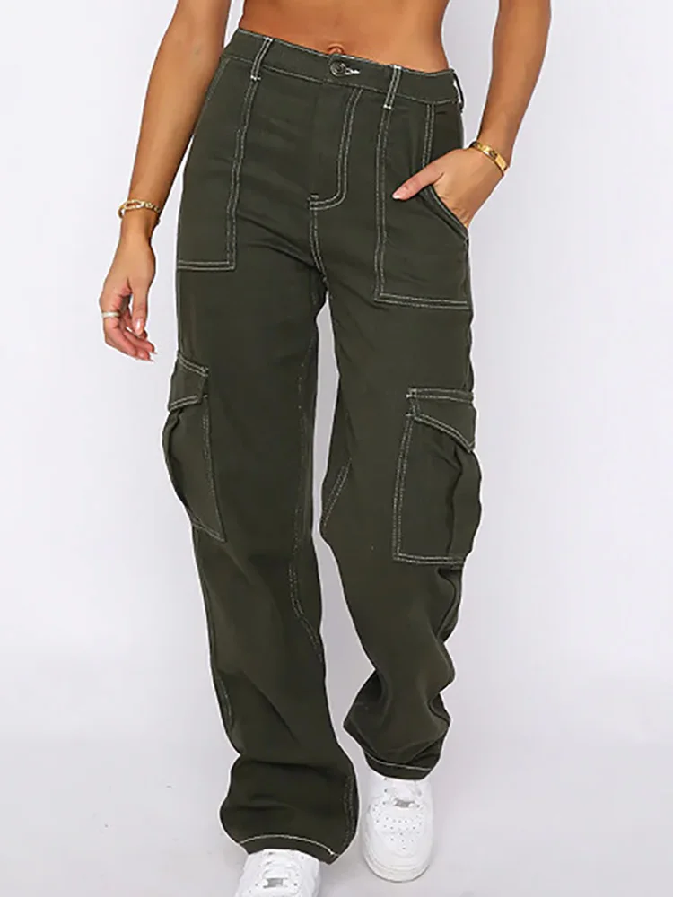 

Patchwork Straight Leg Multi-Pocket Cargo Pants Women Mid Waist Streetwear Casual Long Pants Lady Autumn Winter Stylish Trousers