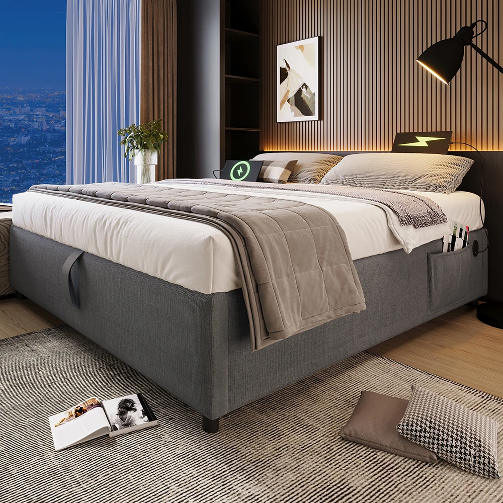 KOMHTOM Storage bed without headboard Usb C full-area slatted gray cotton design Upholstered bed