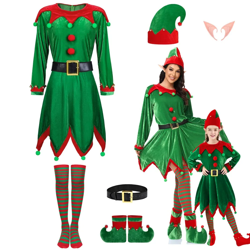 6 Pack Christmas Elf Costume Xmas Suit Velvet Christmas Cosplay Clothing Green Parent-Child Family Matching Outfits