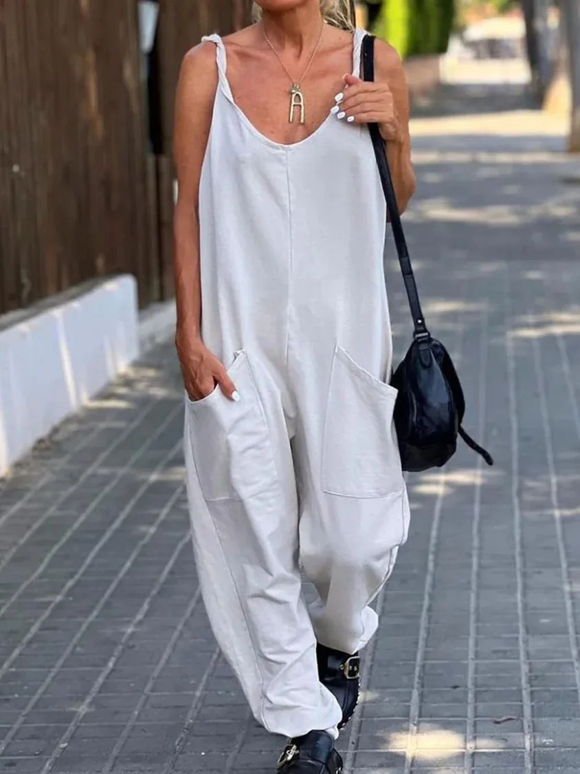 Linen Ladies Bib Pant Suspender Trousers Loose Casual Female Women One-Piece Wide Leg Romper Overalls Strap Jumpsuits Streetwear 2
