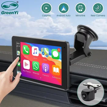 GreenYi pantalla táctil de 7 pulgadas WiFi inalámbrico Apple Carplay y Android-Monitor Multimedia para coche con cámara inversa AHD 1080P 1