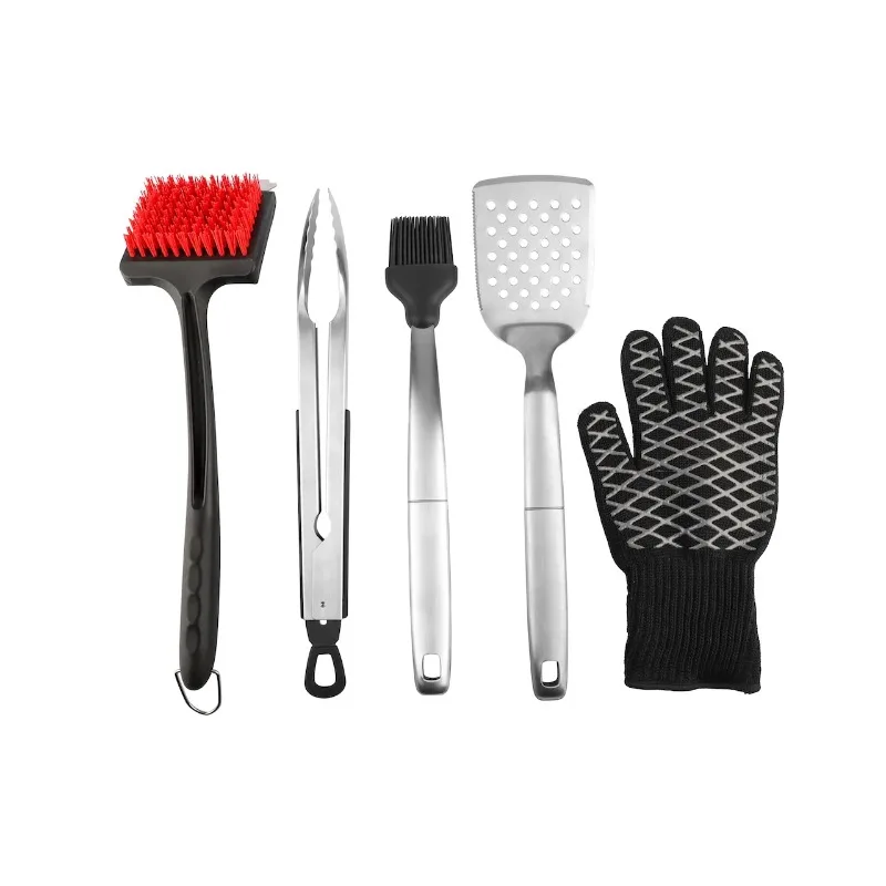 

BBQ Grill Essentials 5pc Value Set with Tongs, Spatula, Basting Brush, Cleaning Brush and EN407 Certified 932F Heat Gloves
