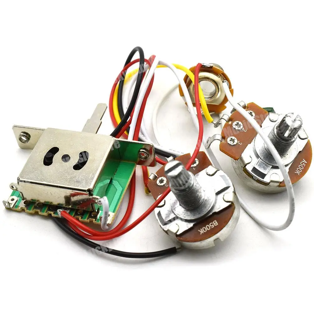 3 Pickup Guitar Wiring Harness Prewired A500K B500K Big Pots 3/5 Way Switch 1 Volume 1 Tone Black-White