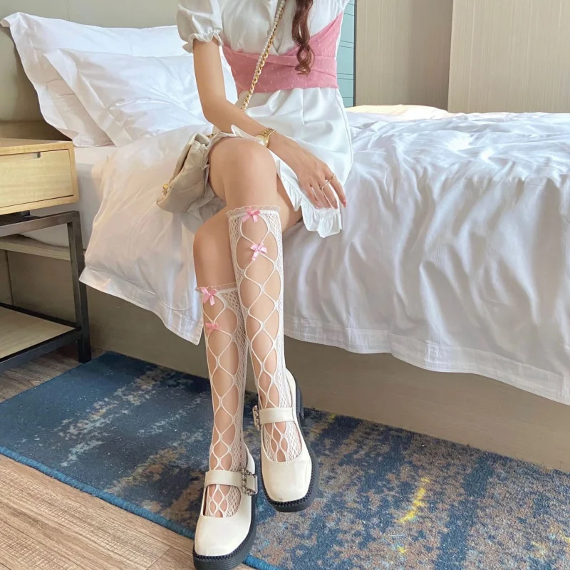 

Sexy Lace Strap Bow Hollow Mesh Calf Short and Mid-Calf Length Bunching Socks Women's Summer Thin